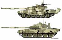 Возможный вид модернизированного танка Т-80У с применением комплекса «Кактус». Рисунок автора. Т-72Б с комплексом «Реликт». 