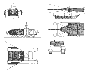 эскиз возможного боевого танка будущего с вынесенной удлиненной 140-мм танковой пушкой (слева) и компактным боевым отделением для двух членов экипажа (справа)