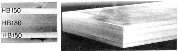 Справа: образец броневой плиты  Tristrato;
слева: поперечное сечение, показывающее твер¬дость по Бринелю (НВ) каждого слоя.
