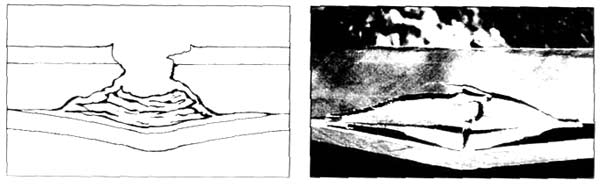 Рис.2.	
Слева: схема, показывающая механизм сопротивления образованию отколов брови плиты Tristrate;
справа: результаты удара тупоносым бронебойным
снарядом по толстой плите Tristrato;
