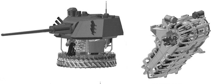 Схема пересмотренной двухместной башни плавающего танка ПТ-76Б с 57-мм автоматической пушкой и системой управления огнем с использованием ЭВМ, как заявляют, обеспечивает повышение боевой эффективности в три раза.