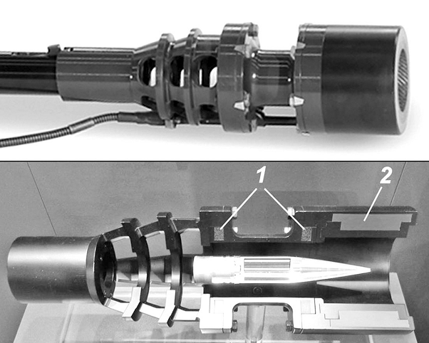 Рис. 6. Дульный тормоз с измерителем дульной скорости (1) и программатором подрыва снаряда (2) для пушки Oerlikon 35/1000
