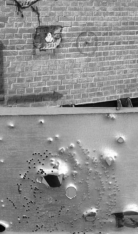 Рис. 11. Характер разлета поражающих элементов (внизу) после пробития кирпичной стены незапрограммированным 35-мм снарядом AHEAD/KETF [4]