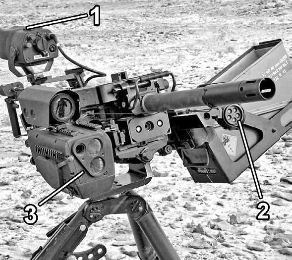 Рис. 15. 40-мм автоматический гранатомет HK GMG с системой Vingmate Advansed: 1 — дисплей; 2 — ИК-прожектор программатора; 3 — оптико¬электронная система с лазерным дальномером