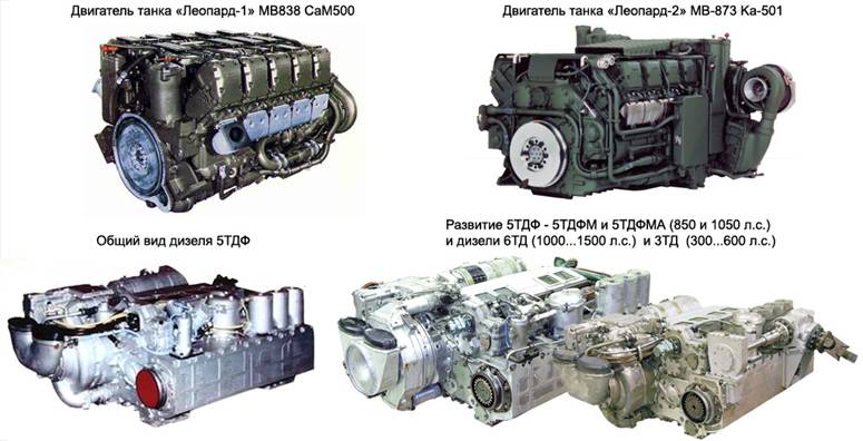 двигатель MB-873 Ка500 мощностью 1500 л. с. 
двигатели 5ТД и 6ТД  