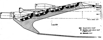 Схемы поражений броневой основы верхнего лобового листа макета № 2 и расположения снарядов в момент соударения