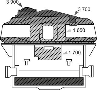 Схема ослабленных зон при обстреле 125-мм БПС БМ-26 основного бронирования лобовой проекции Т-72Б