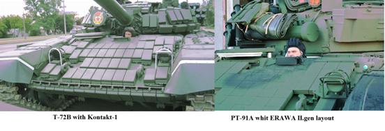 ERA cassettes on PT-91A hull and present sucht gaps on T-72B hull