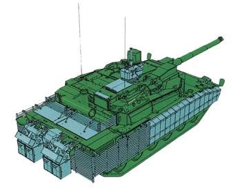 Детальный вид основного боевого танка Leclerc с кормы, модернизированного для боевых действий в населенных пунктах. Модернизированная часть показана светлым тоном.